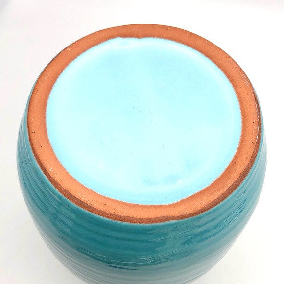 Large Pottery Vase Decanter Pitcher Aqua Blue Glossy Glazed Redware - Picture 9 of 10